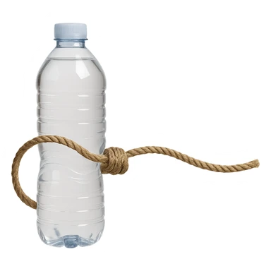 Depict a long rope with a loop, replacing the cheese with a realistic water bottle. The style should be realistic with natural details, no background, and a symbolic atmosphere. sticker