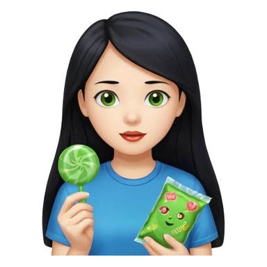 A girl with long black hair wearing a blue t-shirt holding a piece of green hard candy in one hand and a green candy wrapper showing a guava on it in the other hand sticker