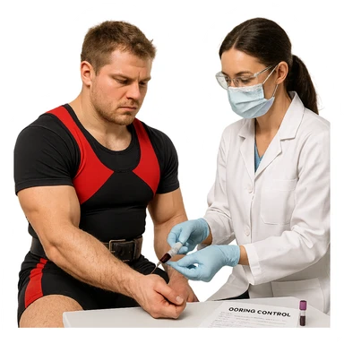 European powerlifter in competition clothing, undergoing blood sampling for anti-doping test, medical staff present, realistic atmosphere, isolated on white background sticker