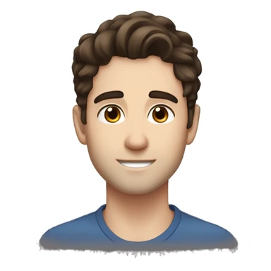 Handsome man, boyish, charming whie man, slightly curled dark brown hair, middle part, blue eyes, angled brows thing arched brows, dark bron hair, fair skin,  sticker