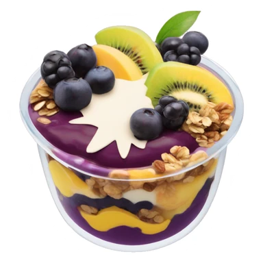 Açaí in a clear cup with layers of fruits and granola and condensed milk sticker