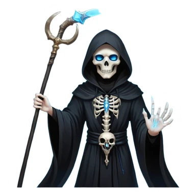 portrait of a god of death in black robes, skeletal hands, glowing blue eyes under a shadowed hood, scythe in hand, floating slightly above the ground, surrounded by spirits sticker