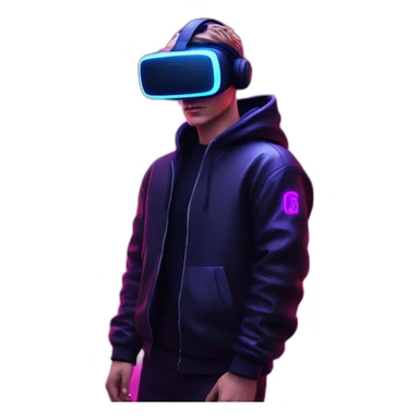 Russian young man wearing a black hoodie with "OMG" letters on it and VR headset in a cyberpunk VR environment with violet neon lighting. sticker