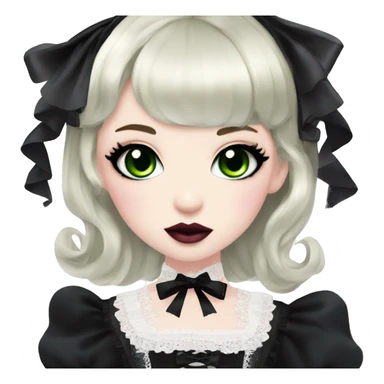 pale woman with black hair, pink lips and eyeshadow, long eyelashes, green eyes, black Lolita dress with laces and ribbons, gothic Lolita doll look sticker
