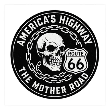 circular design for motorcycle cap, transparent background, text 'AMERICA'S HIGHWAY - ROUTE 66 - THE MOTHER ROAD', motif: skull, chain, Route 66 sign, cool style sticker