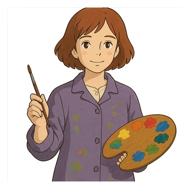 Serene female oil painter, Caucasian features, shoulder-length auburn hair, soft brown eyes, gentle smile, wearing a violet painter’s smock lightly stained with paint over a beige blouse, holding a wooden palette with vibrant colors in one hand and a brush in the other, waist-up, front-facing sticker