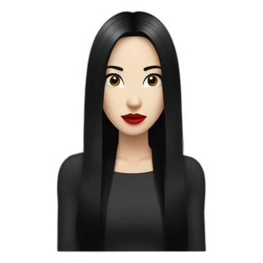 long straight black hair, red lipstick, black eyes, white skin and a small nose sticker