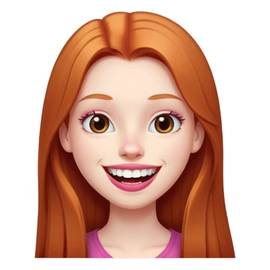 Young girl with pale skin, very long face, full pink lips smiling with big teeth, very long straight auburn hair (lighter ginger, not intense red), big brown eyes, big nose, big mouth sticker