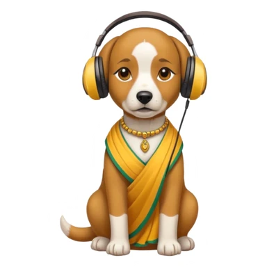 dog, saree dress with headphone, yellow sticker