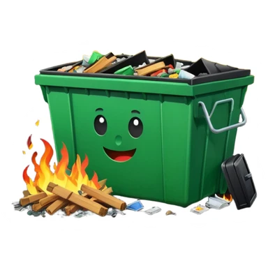 Bright green happy dumpster with an open black lid and a large fire burning only inside it. there is litter and trash on the ground around it not burning sticker