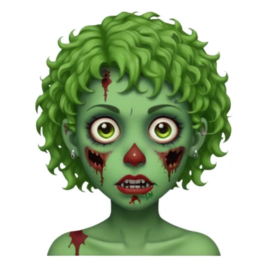 faça uma cabeça verde de zumbi femenina, com im cabelo curtinho cacheado, piercing no nariz, e brincos na orelha sticker