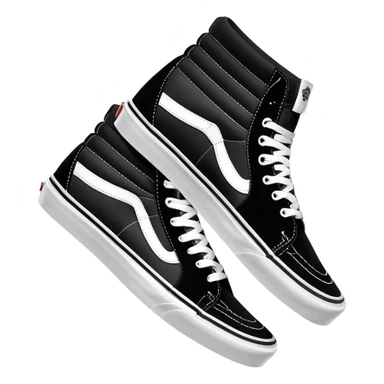 Black Vans Sk8-Hi high top shoes arranged as a pair with one slightly behind the other, classic black with white jazz stripe and white sole sticker