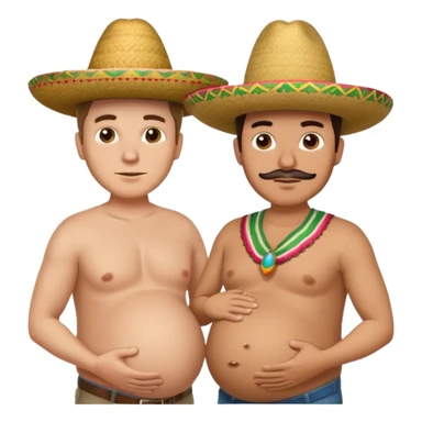 two men standing besides each other. 1 man is white, and the other man is mexican wearing a sombrero and pregnant, holding his belly.  sticker