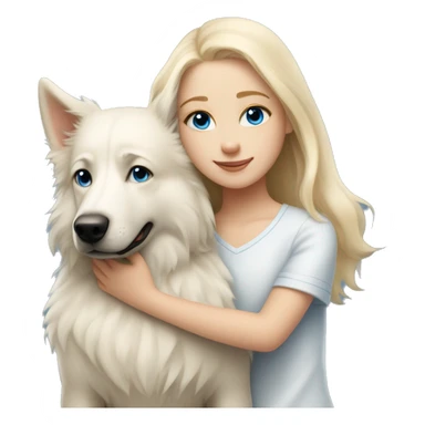Blond girl with blue eyes cuddles a white Sheppard dog  sticker