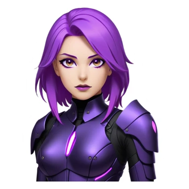 A sleek warrior woman with flowing purple hair, her sharp violet eyes glowing with quiet intensity. She wears a form-fitting black armored suit with smooth, seamless plating, a fusion of high-tech design and elegant minimalism. The matte black surface subtly reflects the dim ambient light, highlighting the streamlined contours of her suit. A slim, obsidian blade rests at her side, its edge barely visible in the soft glow of floating digital glyphs around her. Her expression is poised—calm, calculated, and unwavering, standing against a gradient-lit backdrop, where darkness meets the faintest hint of neon luminescence. sticker