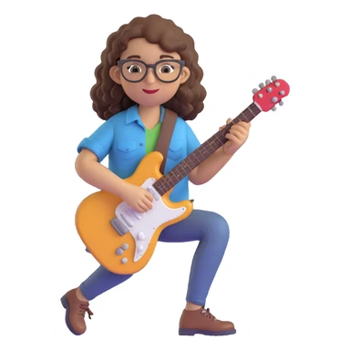 curly brown-haired girl with brown-framed glasses, wearing a shirt, playing guitar, emoji style, music therapy internship sticker