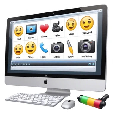 Create an emoji of video editing. Should feature a video editing timeline or interface on a computer screen, showing clips and a playhead. Include a video camera and editing tools. No fucking smiley faces. Make the background transparent. sticker