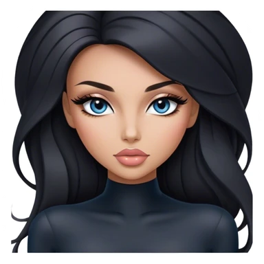Glamours, tanned, very beautiful girl, with big pump peach-beige-rose lips, long long lashes, black straight smooth silky long hair, straight parting hair, blue-grey eyes in black long-sleeves bodysuit sticker