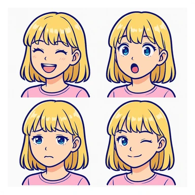 Create four different facial expressions: happy, surprised, sad, and winking. Keep the character with blonde hair with bangs, wearing a pink blouse, and having blue eyes. The style should resemble sticker style as closely as possible. sticker