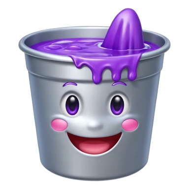 shiny silver bucket with purple slime with a smiling face sticker