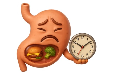 EMOJI STILE IPHONE 3D DI UNo stomaco umano con espressione dolornate, ha del cibo visibile dentro che non sta digerendo. in mano tiene un orologio da muro, iperrealistico 4k sticker