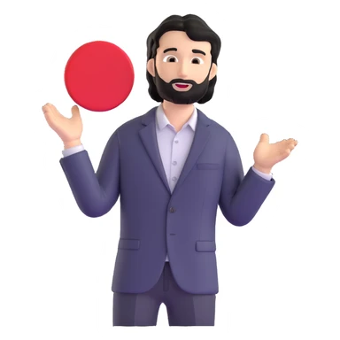 Business strategist with black wavy hair, stubble, chiseled face, wearing blazer and button-up shirt, giving an inspirational TED-style talk about innovation on a minimalist stage with red circle, dynamic speaking pose sticker
