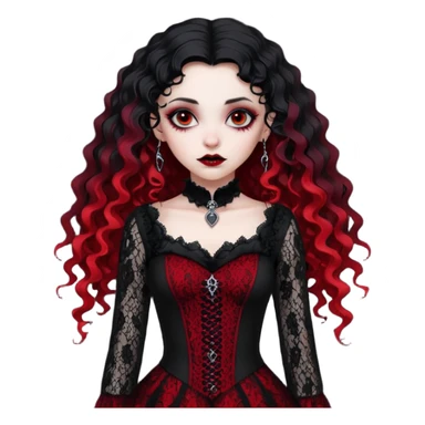 A girl with a red goth vampire look in a black and red goth lace dress with long sleeves and long black curly hair bold look on her face sticker