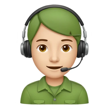 Modern flat emoji of a call center employee in a green uniform with a headset, friendly expression, minimalist design, bright colors, white or transparent background. sticker