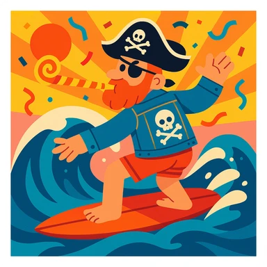 male adult surfing a wave, wearing surfer shorts, denim jacket with skull and crossbones patch, pirate hat, blowing on a NYE noisemaker, vibrant illustration sticker
