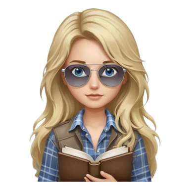 girl with long blond messy hair wearing grey plaid shirt with blue eyes and aviator sunglasses wearing a ring on her silver necklace, holding law books sticker