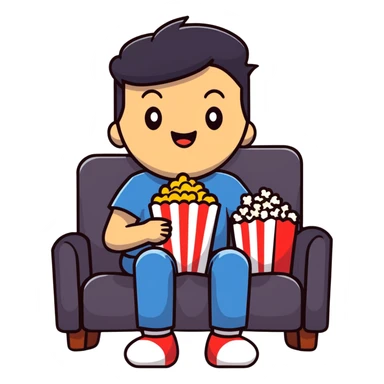 Person sitting comfortably on couch watching movie with popcorn in hand, excited expression sticker