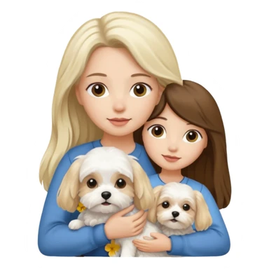 two women are holding only one Maltese dog. one woman is brunette the other woman is blonde long haired  sticker