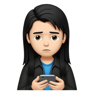 a PRETTY BRATZ boy with black long hair , using his phone and looking sad sticker