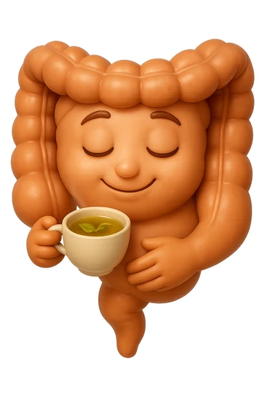 emoji stile iphone 3d di intestino umano sereno che si tocca la pancia mentre sorseggia un thè alle erbe, iperrealistico 4k sticker