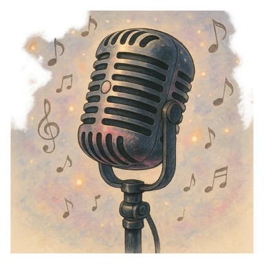 microphone with black and pink accents, dreamy lighting, whimsical and musical sticker