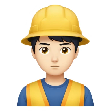 nam 20 tuổi, da vàng, tóc ngắn màu đen, đội mũ màu vàng, mặt nghiêm túc, áo xanh đậm, nửa thân trên sticker