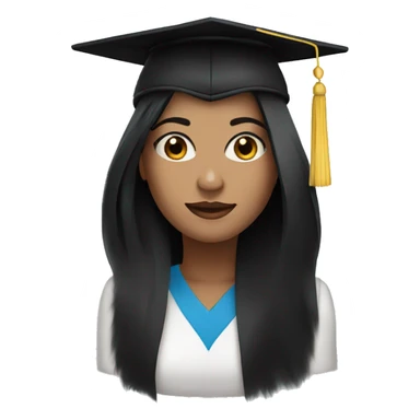 Woman with black hair and blue eyes and a graduates hat sticker