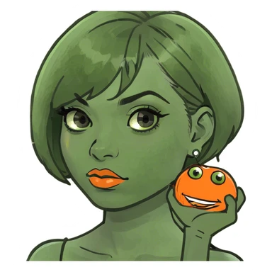 Orange m&m with short hair and makeup sticker