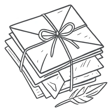 Стопка старинных писем в стиле дудлинг — конверты перевязаны шнуром или ленточкой, некоторые слегка приоткрыты, из них выглядывают пергаменты, карточки, перья sticker