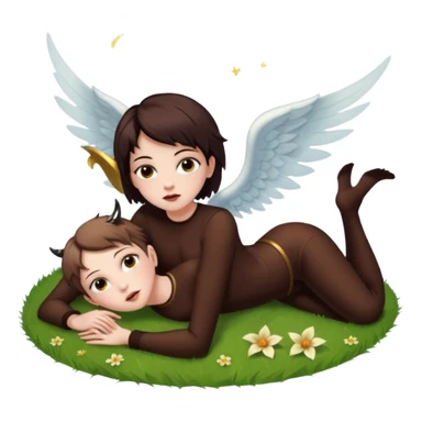 A short-haired brown demon girl lies on the grass, looking up at a flying angel in the sky."
 sticker