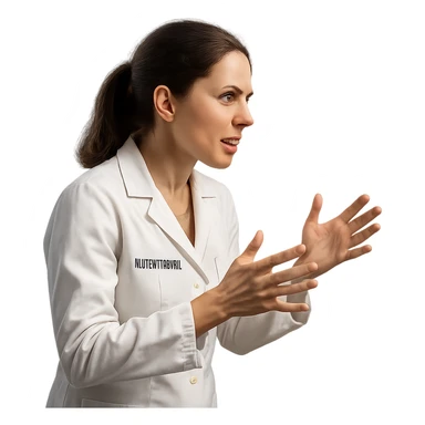 3D render of a female nutritionist wearing a white lab coat, side view, animatedly discussing, hands in motion, determined expression, isolated white background, hyperrealistic 4K details sticker