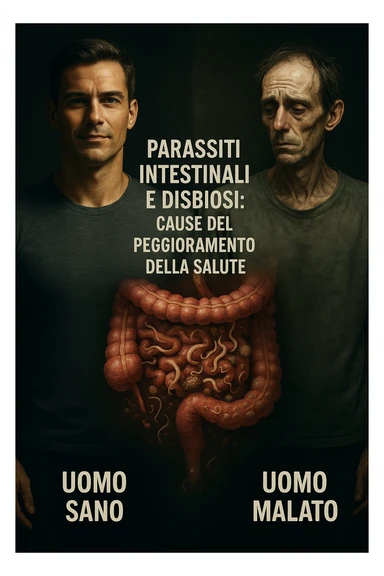 vertical realistic cinematic image: healthy man on the left, sick man on the right, with a central transition showing intestinal parasites and dysbiosis as causes of health deterioration. Dramatic clinical lighting, captions in Italian, 2:3 aspect ratio. sticker