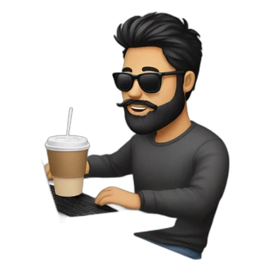 Designer with black hair, beard and round sunglasses working with MacBook and drinking cappuccino  sticker