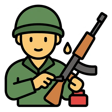 Indian soldier greasing a gun, color icon with black outlines sticker