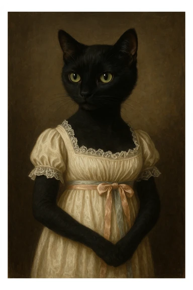 black cat in a Regency dress with lace and ribbons, inspired by Jane Austen's Pride and Prejudice sticker
