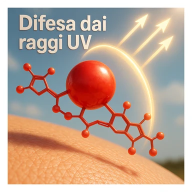 hyper realistic red astaxanthin molecule protecting skin from UV rays, red molecule above sun-exposed skin with glowing shield, positive atmosphere, realistic details, text 'Difesa dai raggi UV' sticker