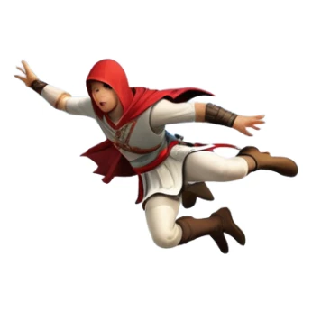 An icon featuring a hero performing a leap of faith from a tower in Florence, inspired by adventure games like Assassin's Creed. The design captures the dramatic moment mid-air, with detailed architecture and a bustling city below. Transparent background sticker