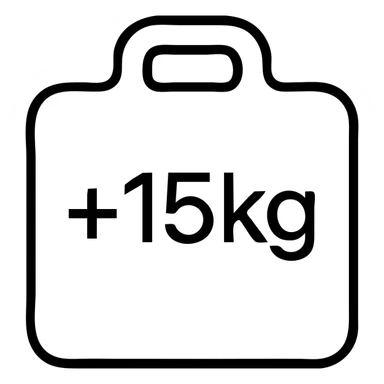 icon for '+de 15 kilogramos', weight scale with '+15kg' label, simple and easy to read, outlined design sticker
