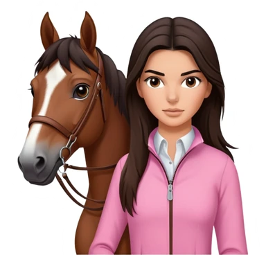brunette Kendall Jenner with long hair holding and bay horse with a short black mane, a thin white stripe on the muzzle, brown eyes wear on pink riding clothes sticker