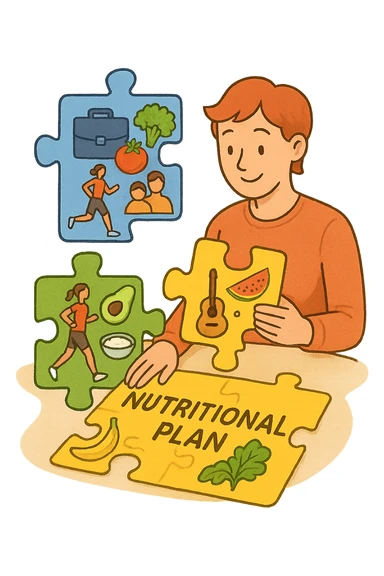 a person is surrounded by puzzle pieces, each representing a different aspect of their life (work, exercise, family, leisure), and healthy foods are integrated into each piece. The person assembles the puzzle, creating a complete, personalized nutrition plan. The mood is uplifting and creative. in italiano sticker